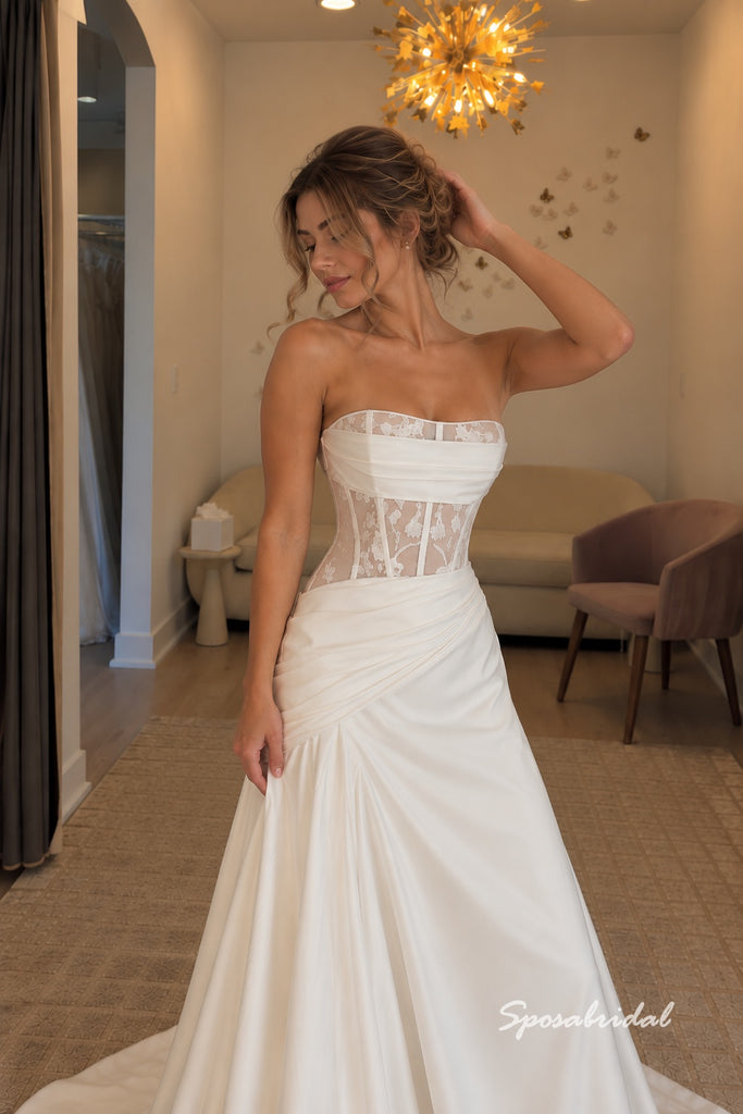 Strapless Corset Satin Mermaid Wedding Dress, Sheer Lace Back Draped Bridal Gown, WD3148
