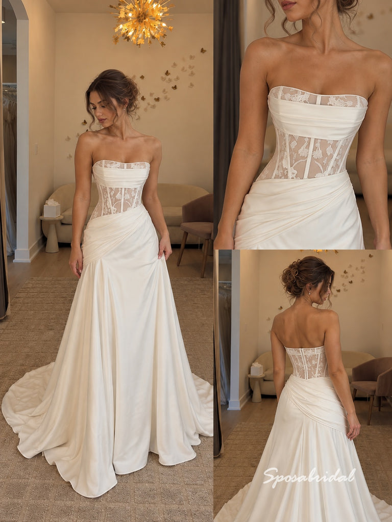 Strapless Corset Satin Mermaid Wedding Dress, Sheer Lace Back Draped Bridal Gown, WD3148