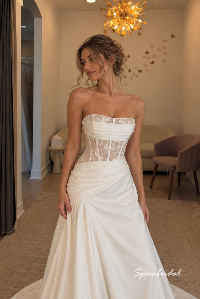 Strapless Corset Satin Mermaid Wedding Dress, Sheer Lace Back Draped Bridal Gown, WD3148