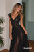 Black Lace Sheer Chiffon Evening Dress, V Neck Cap Sleeve Formal Gown, PD4386