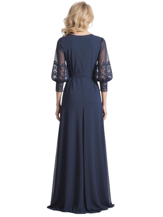 Elegant Dusty Blue Chiffon Puff Sleeve A-Line Mother of the Bride Dress with Belt, SFM016