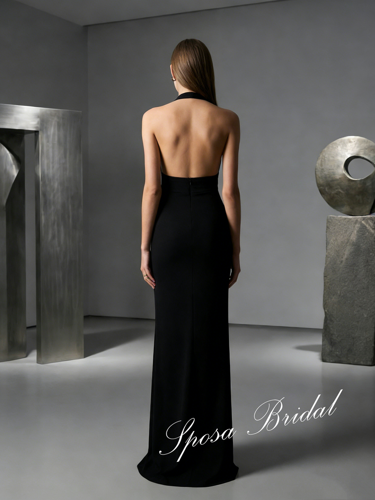 Sexy Black Jersey Halter Sleeveless Open Back Mermaid Prom Dress, PD4064