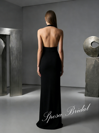 Sexy Black Jersey Halter Sleeveless Open Back Mermaid Prom Dress, PD4064