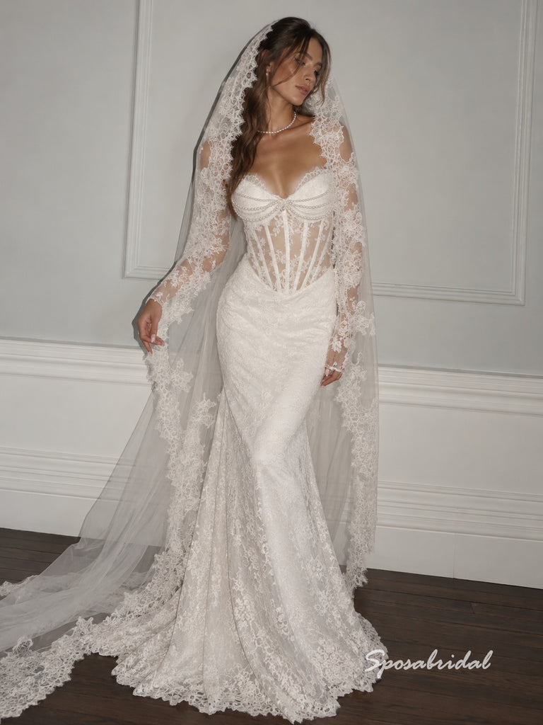 Sweetheart Sheer Corset Lace Mermaid Wedding Dress, Long Lace Sleeve Bridal Gown, WD3149