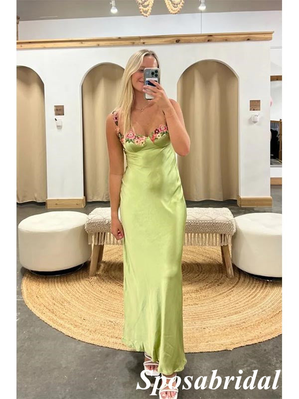 Sexy Soft Satin Spaghetti Straps Sleeveless Mermaid Maxi Prom Dress With Applique, PD4010