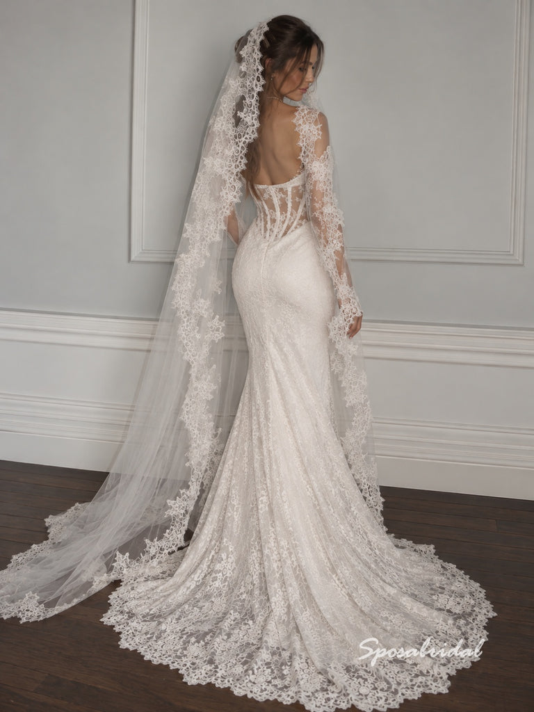 Sweetheart Sheer Corset Lace Mermaid Wedding Dress, Long Lace Sleeve Bridal Gown, WD3149