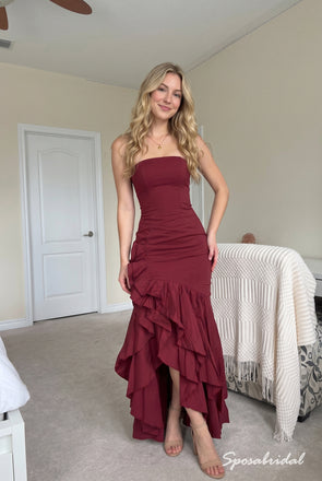 Burgundy Strapless Ruffled High Low Dress, Ruched Floor Length Formal Gown,PD4343