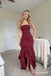 Burgundy Strapless Ruffled High Low Dress, Ruched Floor Length Formal Gown,PD4343