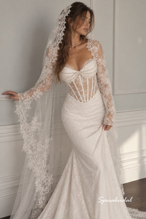 Sweetheart Sheer Corset Lace Mermaid Wedding Dress, Long Lace Sleeve Bridal Gown, WD3149