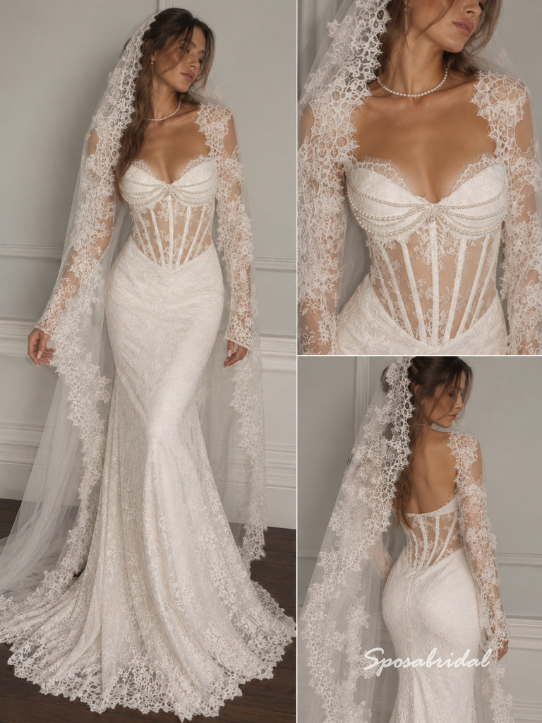 Sweetheart Sheer Corset Lace Mermaid Wedding Dress, Long Lace Sleeve Bridal Gown, WD3149