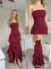 Burgundy Strapless Ruffled High Low Dress, Ruched Floor Length Formal Gown,PD4343