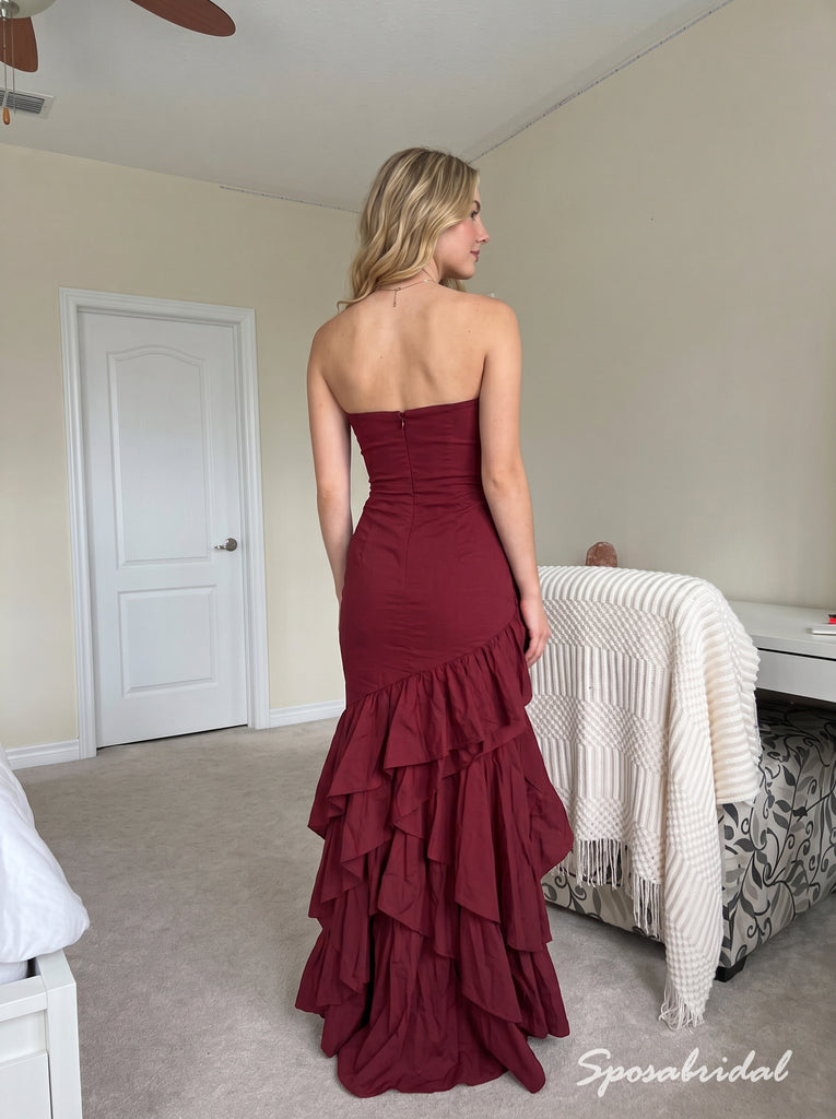 Burgundy Strapless Ruffled High Low Dress, Ruched Floor Length Formal Gown,PD4343