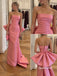 Strapless Ruched Satin Mermaid Evening Dress, Big Back Bow Pink Formal Gown, PD4378