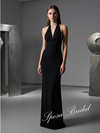 Sexy Black Jersey Halter Sleeveless Open Back Mermaid Prom Dress, PD4064
