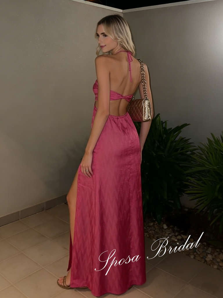 Sexy Soft Satin Halter Sleeveless Side Slit Mermaid Prom Dress, PD4066