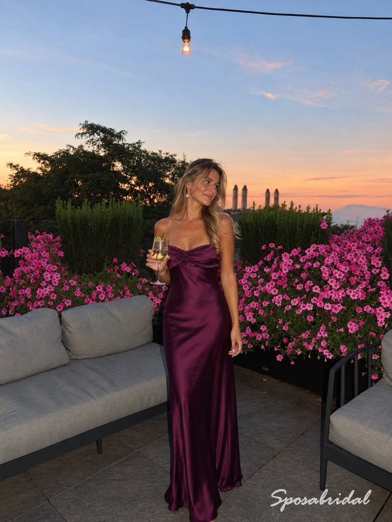 Plum Cowl Neck Satin Slip Dress, Spaghetti Straps Floor Length Formal Gown,PD4344