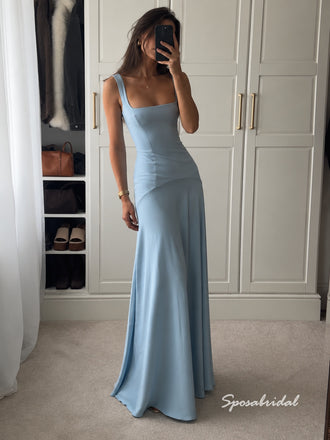 Square Neck Wide Strap Light Blue Mermaid Evening Dress, Open Back Simple Formal Gown, PD4376
