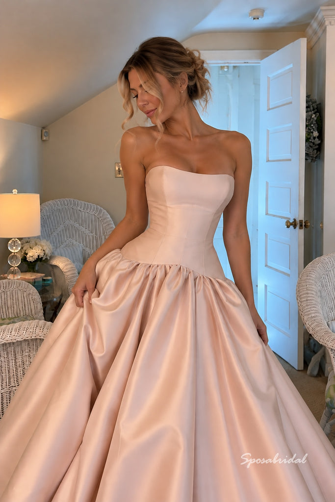 Strapless Blush Satin Ball Gown, Open Back Voluminous A-Line Formal Prom Evening Dress,PD4364