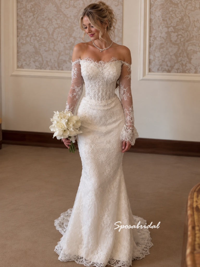 Off The Shoulder Long Sleeve Lace Wedding Dress, Mermaid Fit Bridal Gown, WD3154
