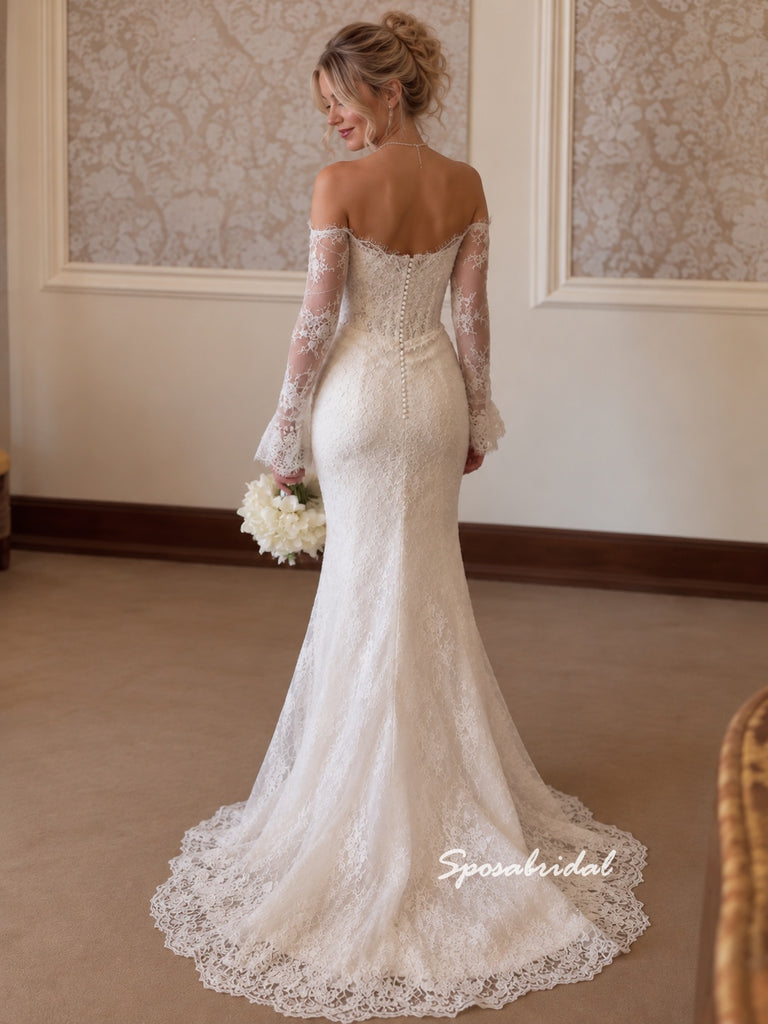 Off The Shoulder Long Sleeve Lace Wedding Dress, Mermaid Fit Bridal Gown, WD3154