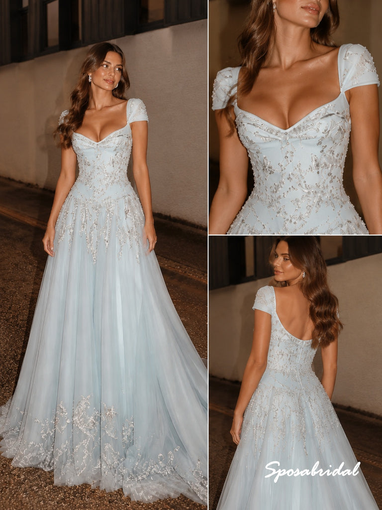 Light Blue Beaded Tulle A Line Evening Dress, Sweetheart Cap Sleeve Formal Gown, PD4387