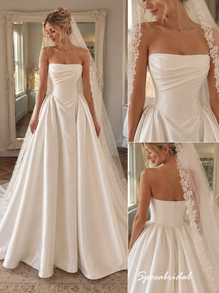 Strapless Draped Satin Wedding Dress, Corset Button Back A-Line Bridal Gown, WD3143