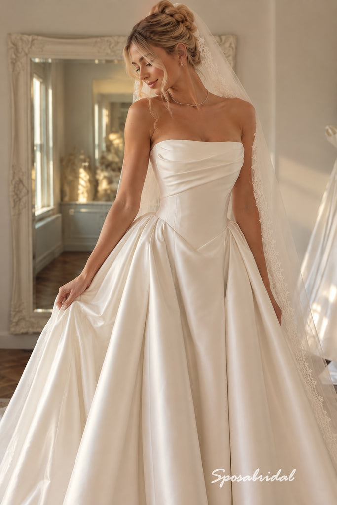Strapless Draped Satin Wedding Dress, Corset Button Back A-Line Bridal Gown, WD3143