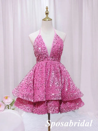 Sexy Sequin Halter Deep V-Neck A-Line Mini Dresses/ Homecoming Dresses, PD3584
