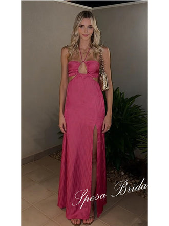 Sexy Soft Satin Halter Sleeveless Side Slit Mermaid Prom Dress, PD4066