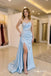 Light Blue Sweetheart Beaded Satin Evening Dress, Strapless Ruched High Slit Floor Length Mermaid Gown,PD4347