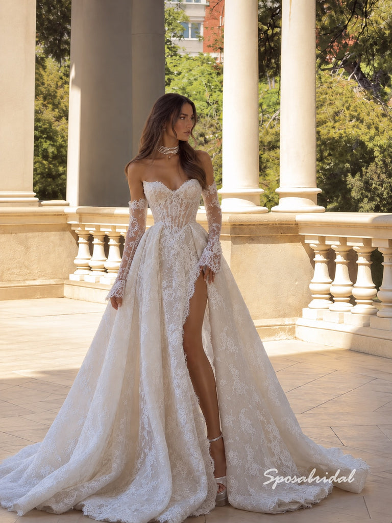 trapless Detachable Lace Sleeve Wedding Dress, Lace Slit Overskirt Bridal Gown, WD3150
