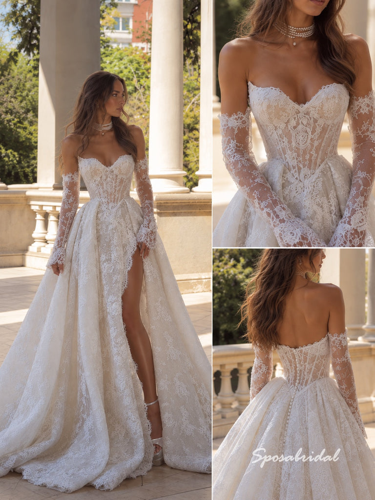trapless Detachable Lace Sleeve Wedding Dress, Lace Slit Overskirt Bridal Gown, WD3150