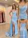 Light Blue Sweetheart Beaded Satin Evening Dress, Strapless Ruched High Slit Floor Length Mermaid Gown,PD4347