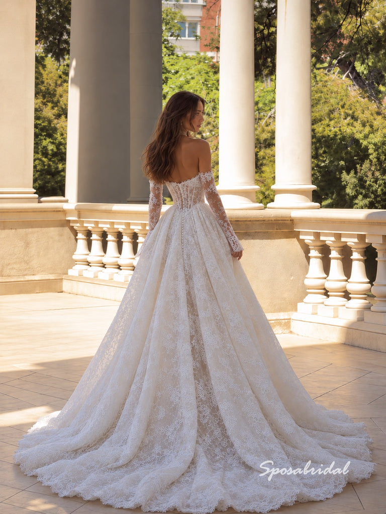 trapless Detachable Lace Sleeve Wedding Dress, Lace Slit Overskirt Bridal Gown, WD3150