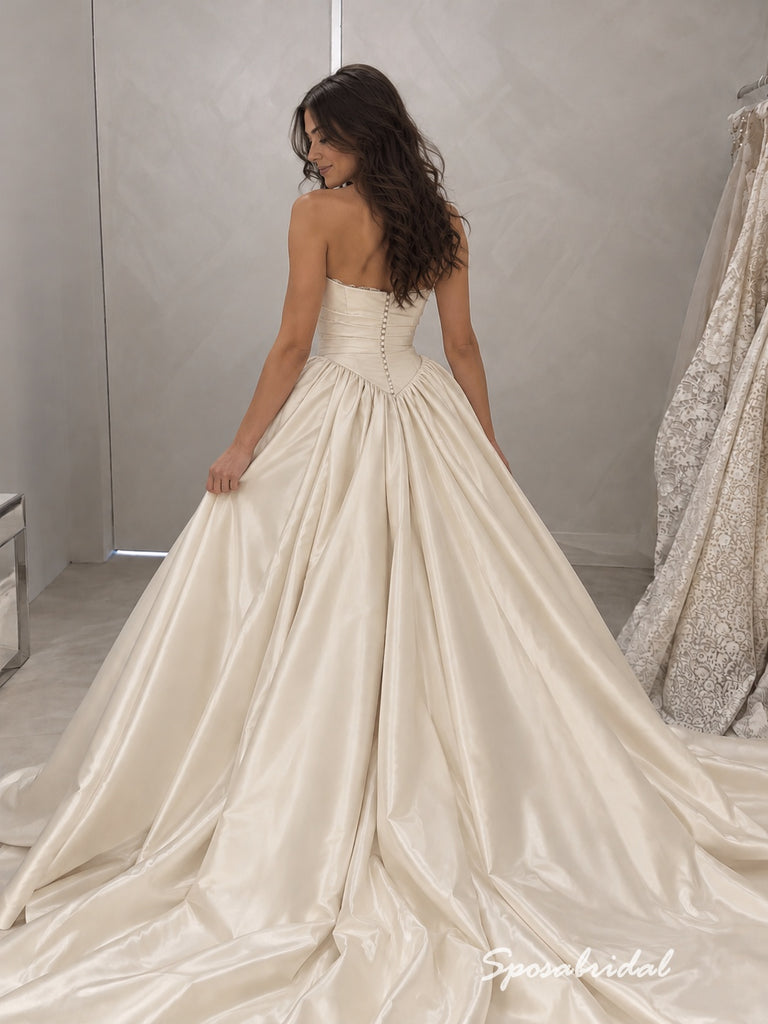 Strapless  Satin Wedding Dress, Lace Trim Corset Ballgown Bridal Gown, WD3144
