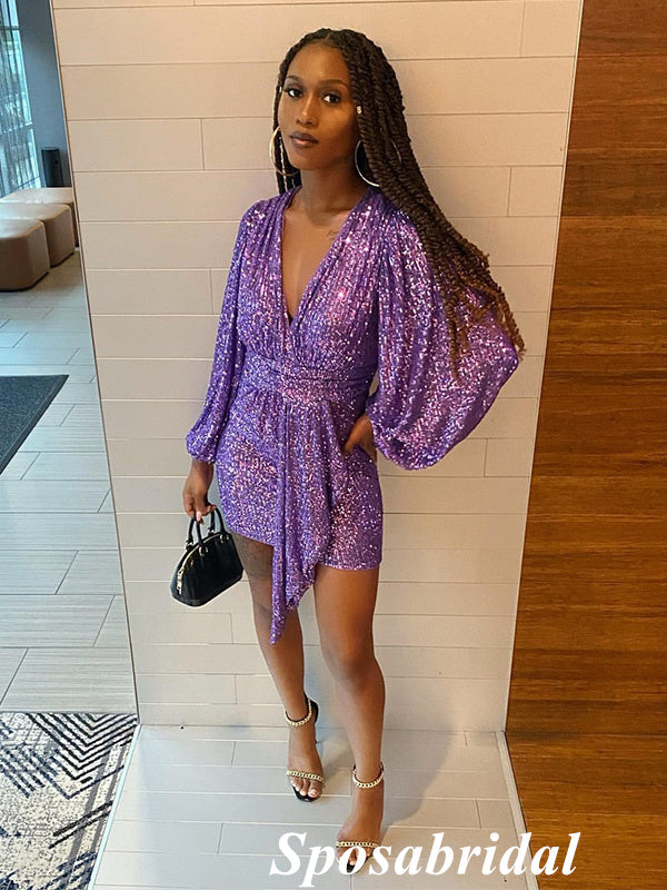 Shiny Sequin Long Sleeves V-Neck A-Line Mini Dresses/ Homecoming Dress SposaBridal Shiny Sequin Long Sleeves V-Neck A-Line Mini Dresses/ Homecoming Dress SposaBridal