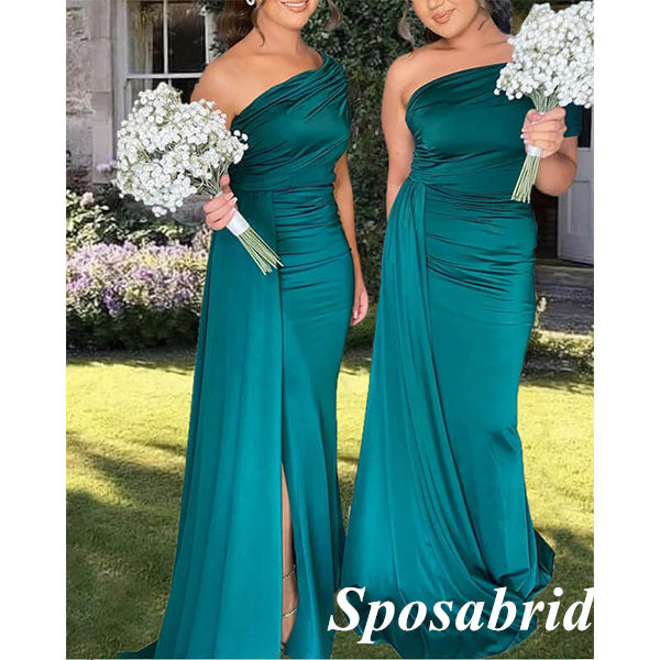 Sexy Soft Satin One Shoulder Side Slit Mermaid Floor Length Bridesmaid Dresses With Trailing, BD3294