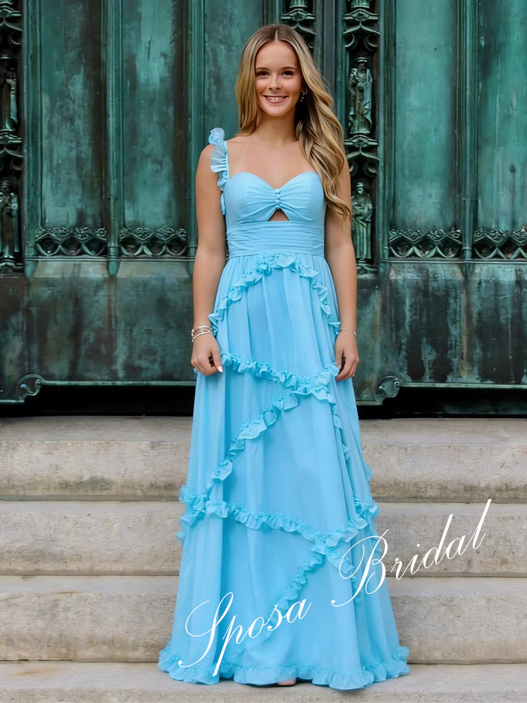 Sexy Chiffon Spaghetti Straps Sleeveless Lace Up Back Ruffled A-Line F – SposaBridal