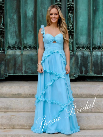 Sexy Chiffon Spaghetti Straps Sleeveless Lace Up Back Ruffled A-Line Floor Length Prom Dress, PD4103