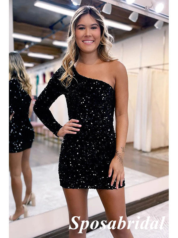 short dress with one long sleeve AMARRA Style 87424 One-Shoulder Sleeve Sequin Short Dress Pretty Moment