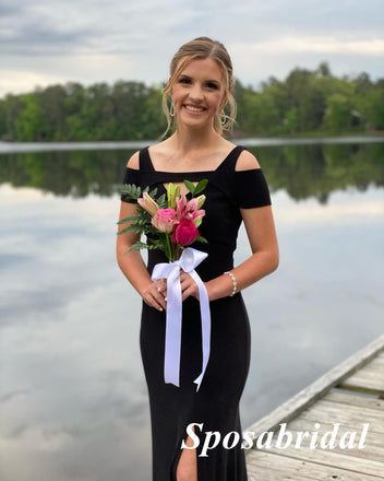 Sparkly Black Crepe Off Shoulder Sleeveless Sied Slit Mermaid Long Prom Dresses, PD3844