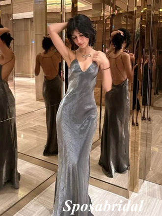Sexy Silver Elastic Satin Spaghetti Straps Sleeveless Open Back Mermaid Long Prom Dresses, PD3869