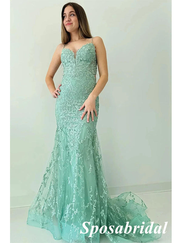 Sexy Tulle And Lace Spaghetti Straps V-Neck Mermaid Long Prom Dresses, PD3826