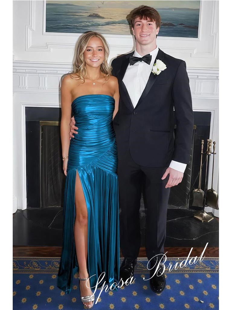 metallic stretch dress Strapless Hand Draped Metallic Stretch Gown