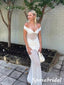 Sexy White Off Shoulder V-Neck Mermaid Long Prom Dresses, PD3880