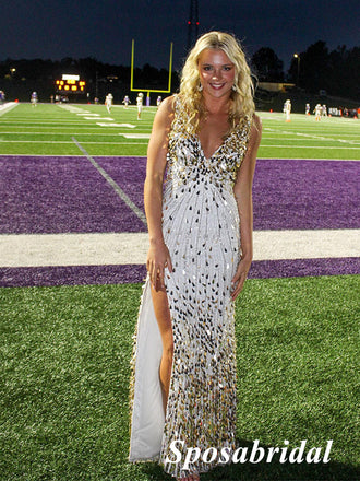 Sexy Tulle Spaghetti Straps V-Neck Sleeveless Open Back Side Slit Mermaid Long Prom Dresses, PD3935