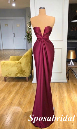 Sexy Soft Satin Sweetheart V-Neck Sleeveless Mermaid Long Prom Dresses, PD3901