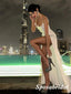 Sexy White Soft Satin Spaghetti Straps Sleeveless Side Slit Mermaid Long Prom Dresses, PD3922