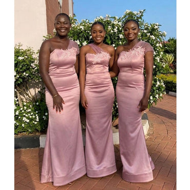 Elegant Blush Pink Soft Satin One Shoulder Bridesmaid Gowns for Wedding Party, BD3468