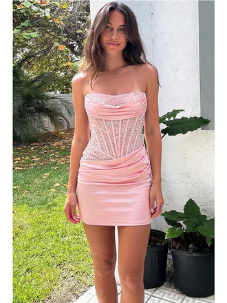 Pink Sparkly Strapless Corset Homecoming Dress, Ruched Satin Bodycon Mini Prom Dress for Teens, PD3674